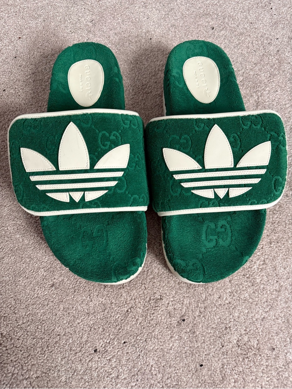 Gucci Green Slides with White Trefoil Detail